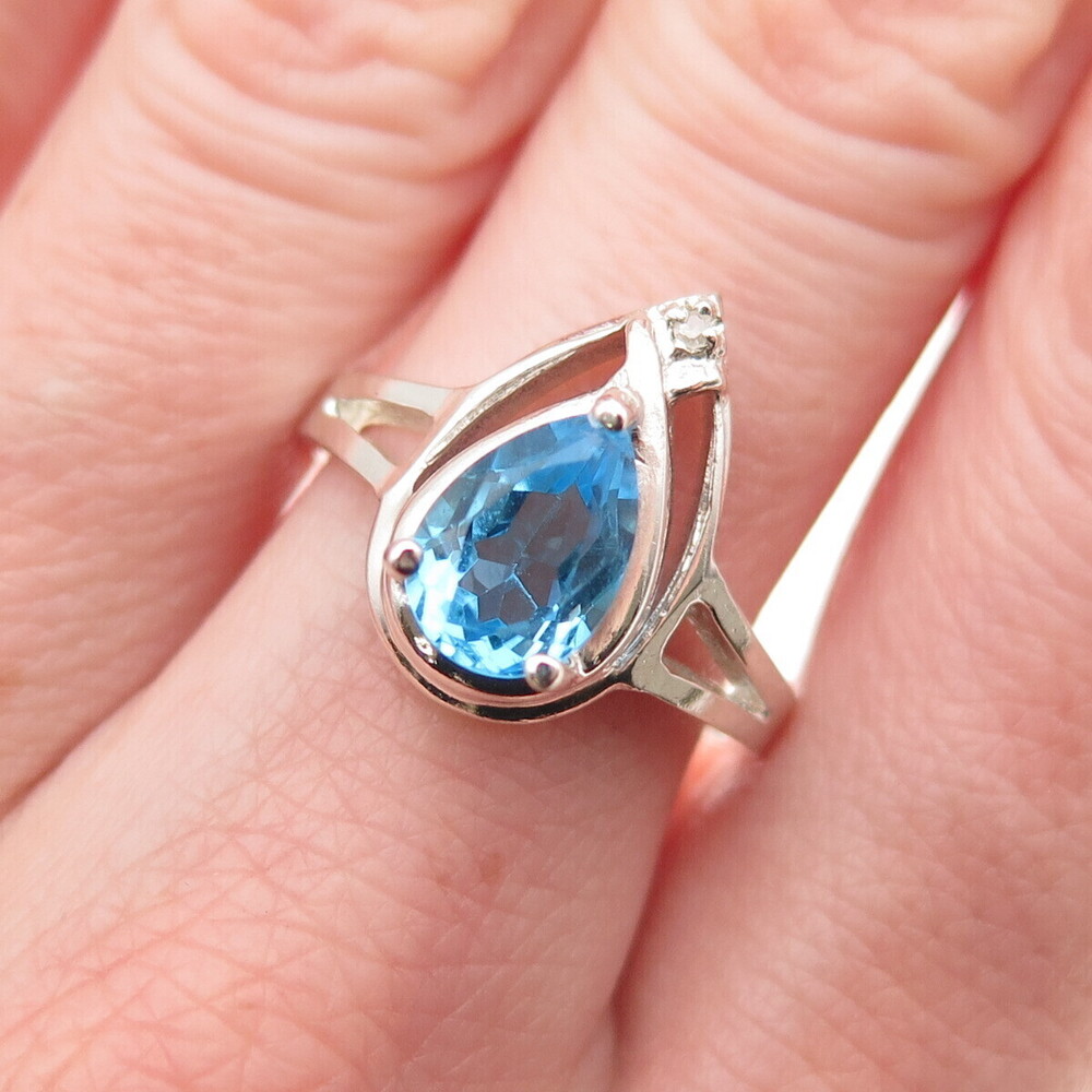 925 Sterling Silver Vintage Real Diamond Accent & Swiss Blue Topaz Ring Size 8